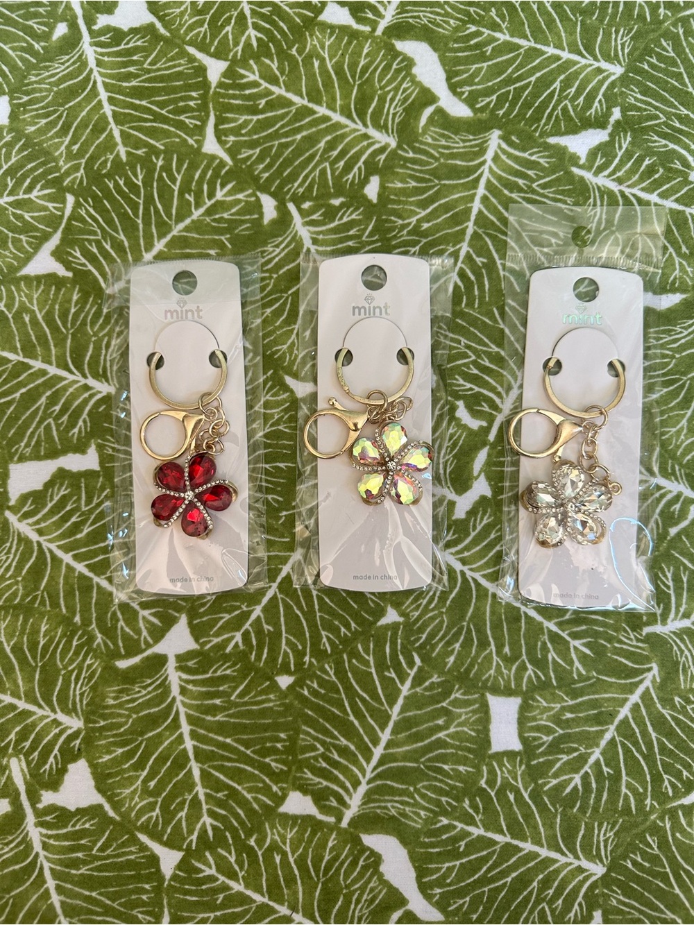 Mint Floral Charm Keychain Trio - Red, Iridescent, Clear